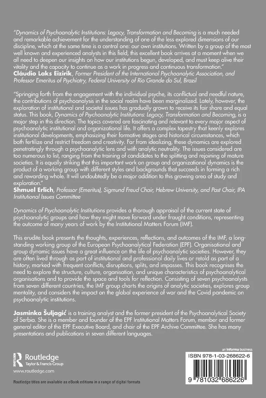 Rückseite: 9781032686226 | Dynamics of Psychoanalytic Institutions | Jasminka Suljagic | Buch