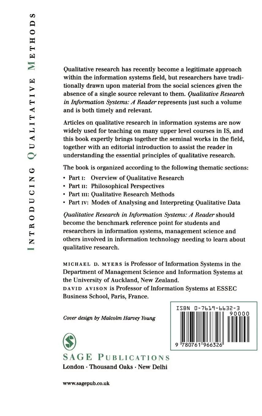 Rückseite: 9780761966326 | Qualitative Research in Information Systems | A Reader | Myers (u. a.)