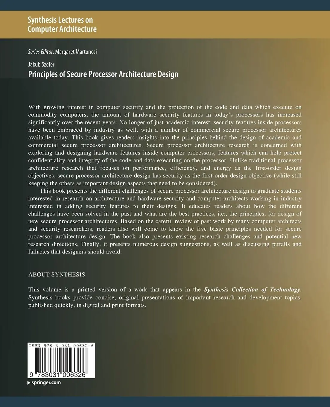 Rückseite: 9783031006326 | Principles of Secure Processor Architecture Design | Jakub Szefer