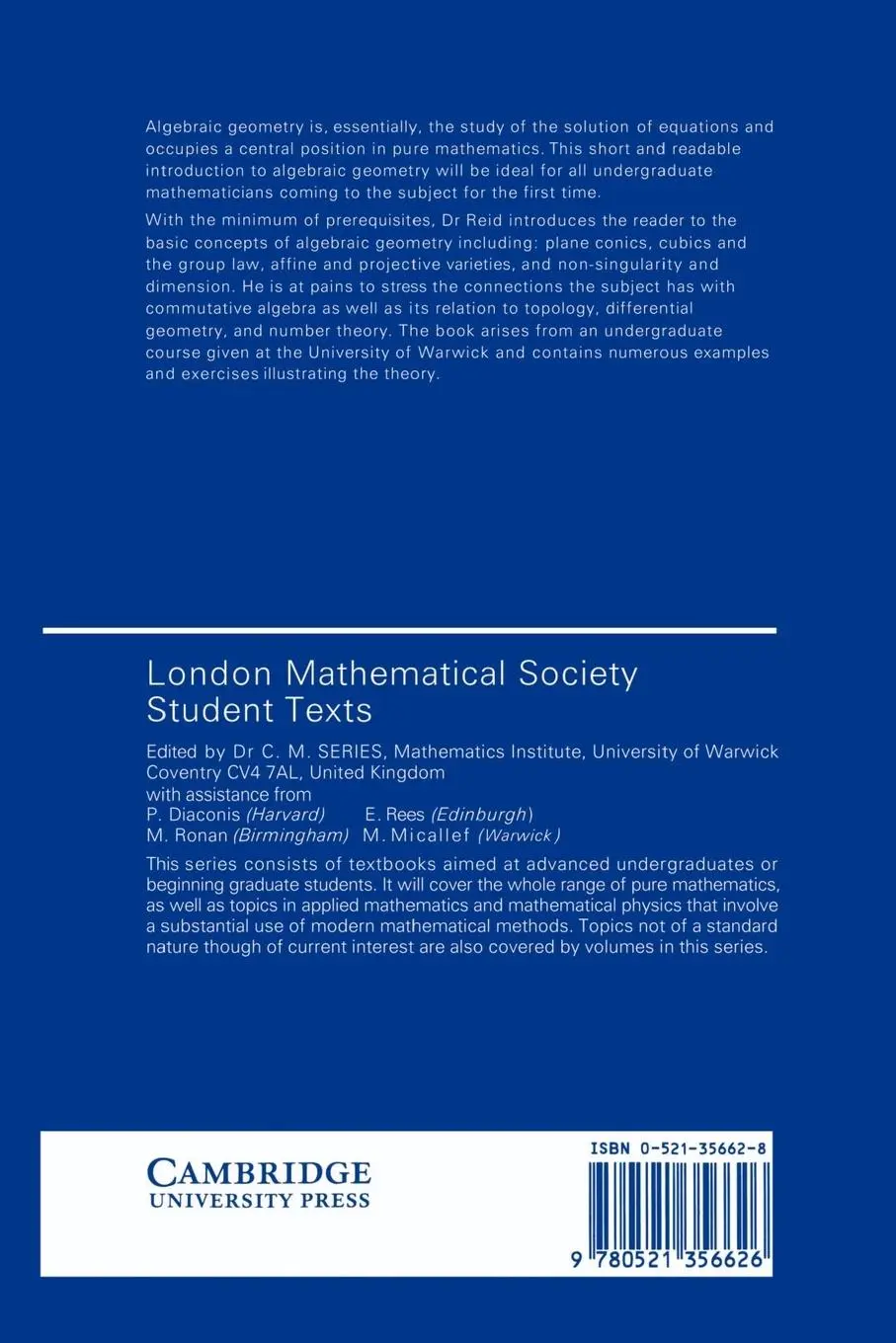 Rückseite: 9780521356626 | Undergraduate Algebraic Geometry | Miles Reid (u. a.) | Taschenbuch