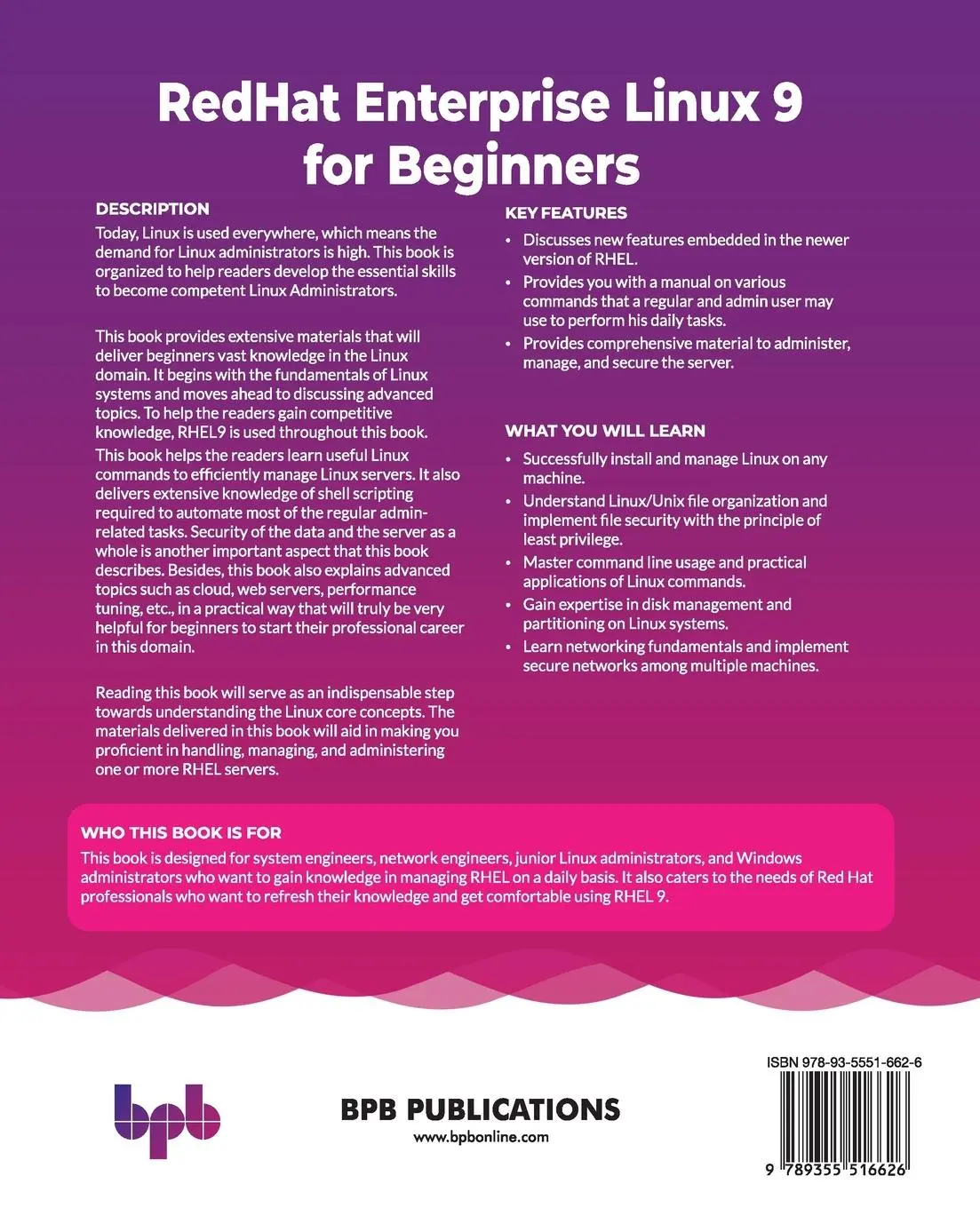 Rückseite: 9789355516626 | RedHat Enterprise Linux 9 for Beginners | Vishesh Kumar (u. a.) | Buch