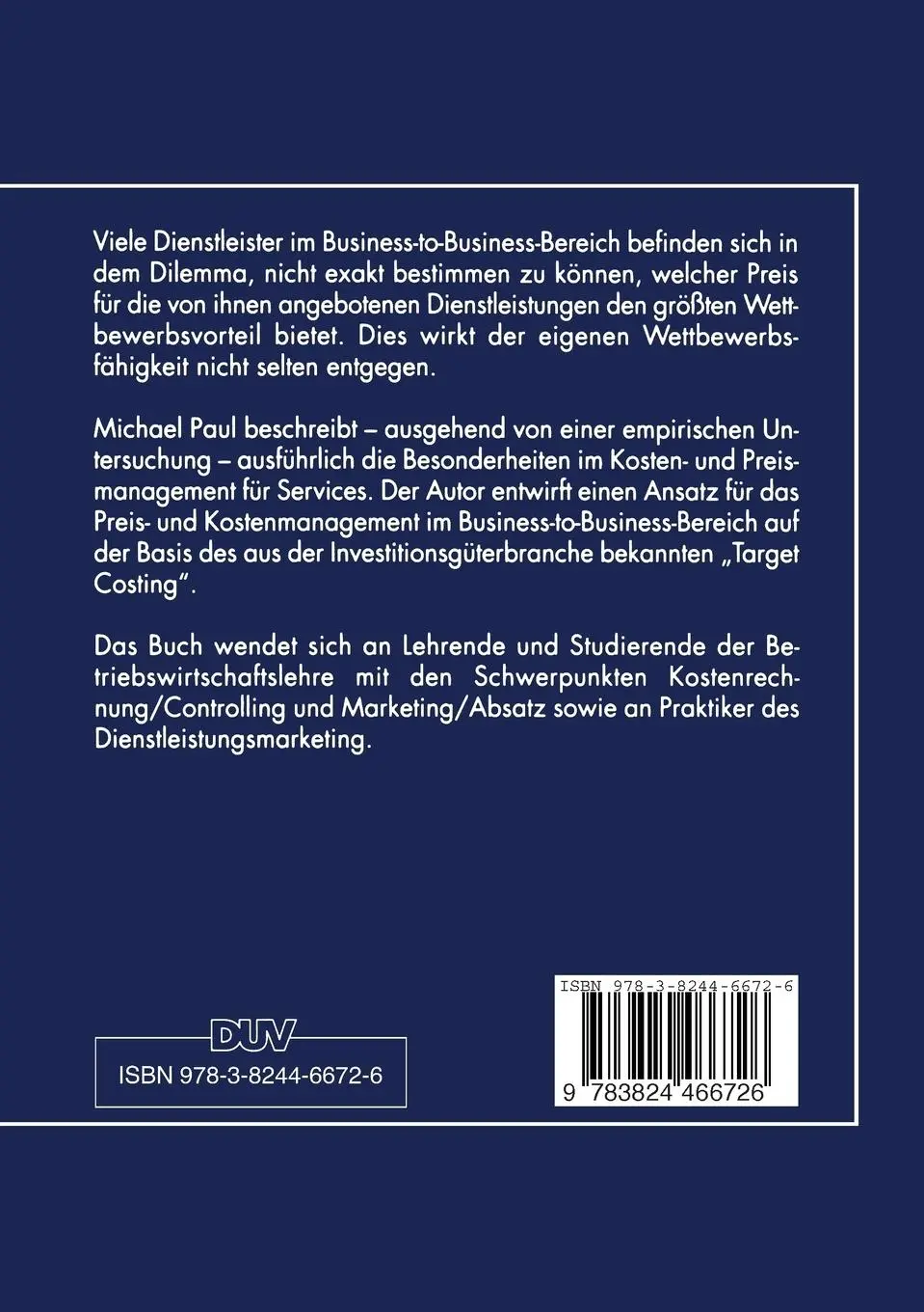 Rückseite: 9783824466726 | Preis- und Kostenmanagement von Dienstleistungen im...