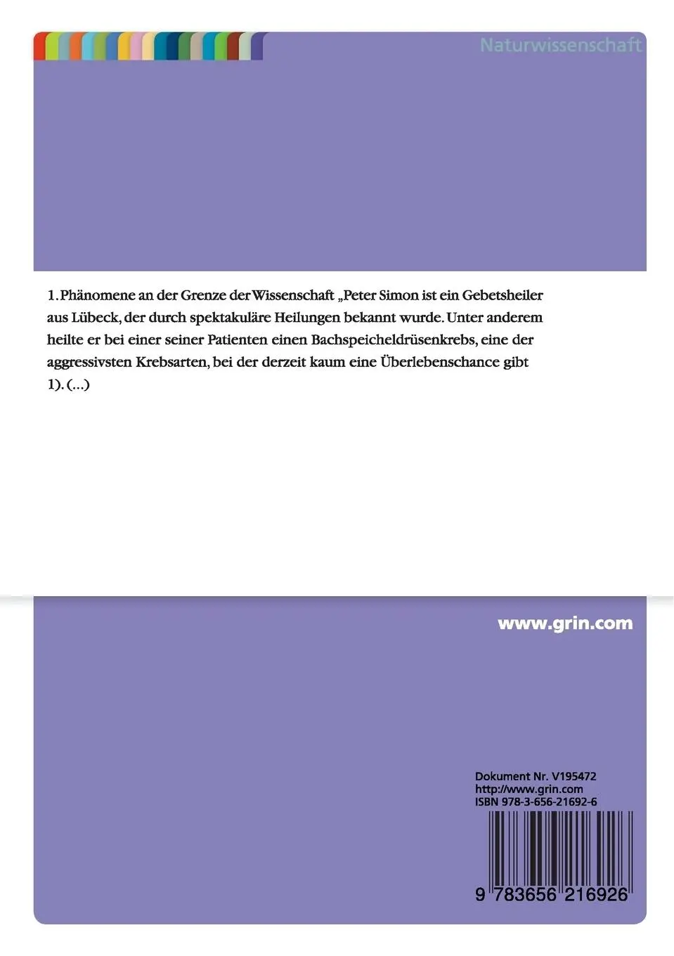 Rückseite: 9783656216926 | "Ich glaube, also werde ich gesund."- Das Geheimnis des Placeboeffekts
