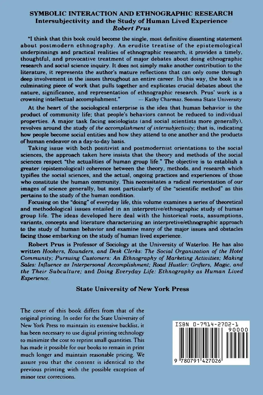 Rückseite: 9780791427026 | Symbolic Interaction and Ethnographic Research | Robert Prus | Buch