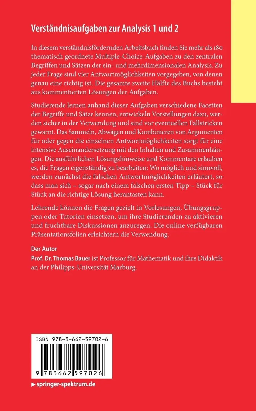 Rückseite: 9783662597026 | Verständnisaufgaben zur Analysis 1 und 2 | Thomas Bauer | Taschenbuch