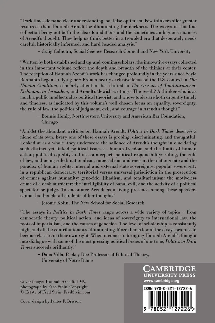 Rückseite: 9780521127226 | Politics in Dark Times | Encounters with Hannah Arendt | Benhabib