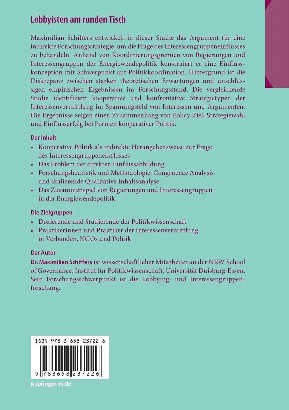 Rückseite: 9783658237226 | Lobbyisten am runden Tisch | Maximilian Schiffers | Taschenbuch | xv