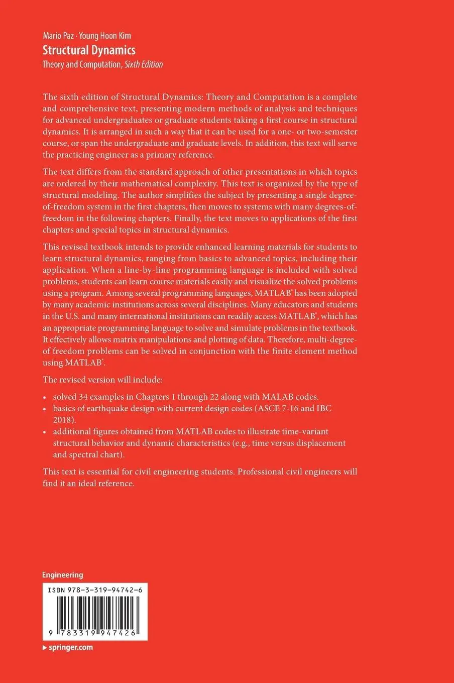 Rückseite: 9783319947426 | Structural Dynamics | Theory and Computation | Young Hoon Kim (u. a.)