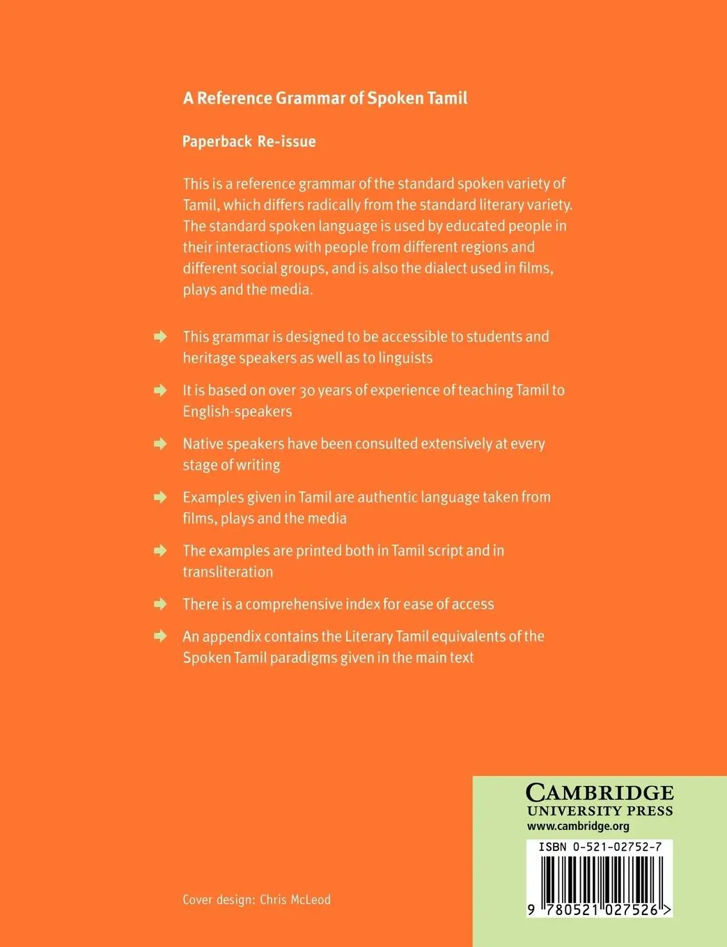 Rückseite: 9780521027526 | A Reference Grammar of Spoken Tamil | Harold F. Schiffman | Buch Rückseite: 9780521027526 | A Reference Grammar of Spoken Tamil | Harold F. Schiffman | Buch
