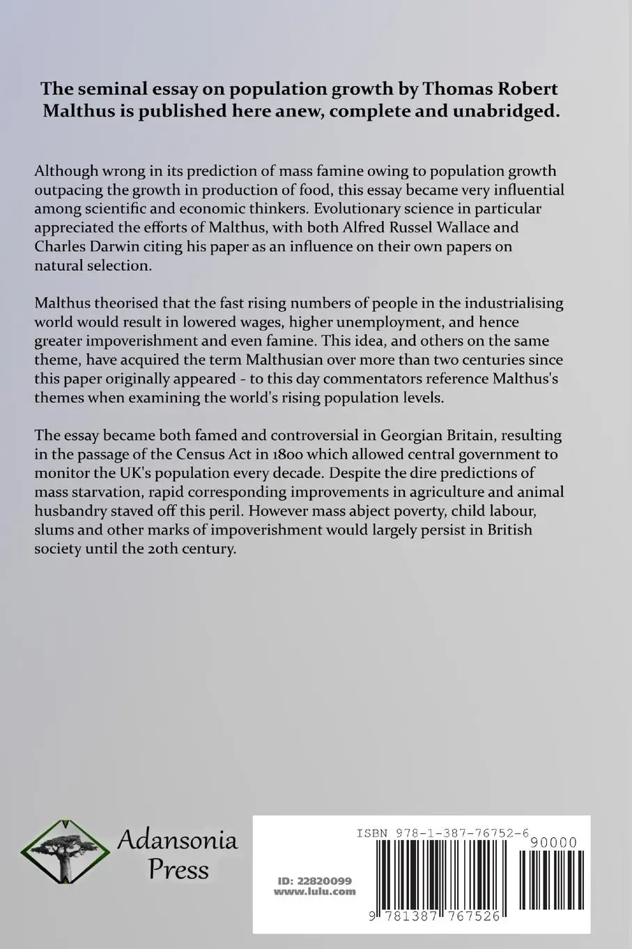 Rückseite: 9781387767526 | An Essay on the Principle of Population | Thomas Robert Malthus | Buch