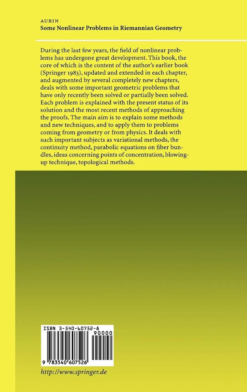 Rückseite: 9783540607526 | Some Nonlinear Problems in Riemannian Geometry | Thierry Aubin | Buch