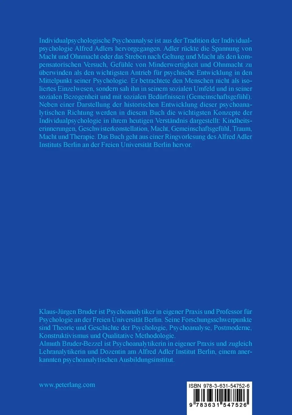 Rückseite: 9783631547526 | Individualpsychologische Psychoanalyse | Almuth Bruder-Bezzel (u. a.)