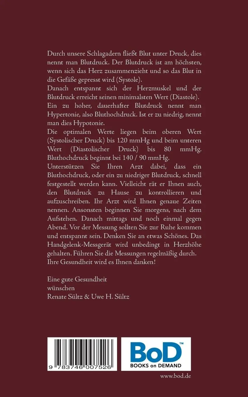 Rückseite: 9783746007526 | Mein Blutdruck-Pass | Renate Sültz (u. a.) | Taschenbuch | 52 S.
