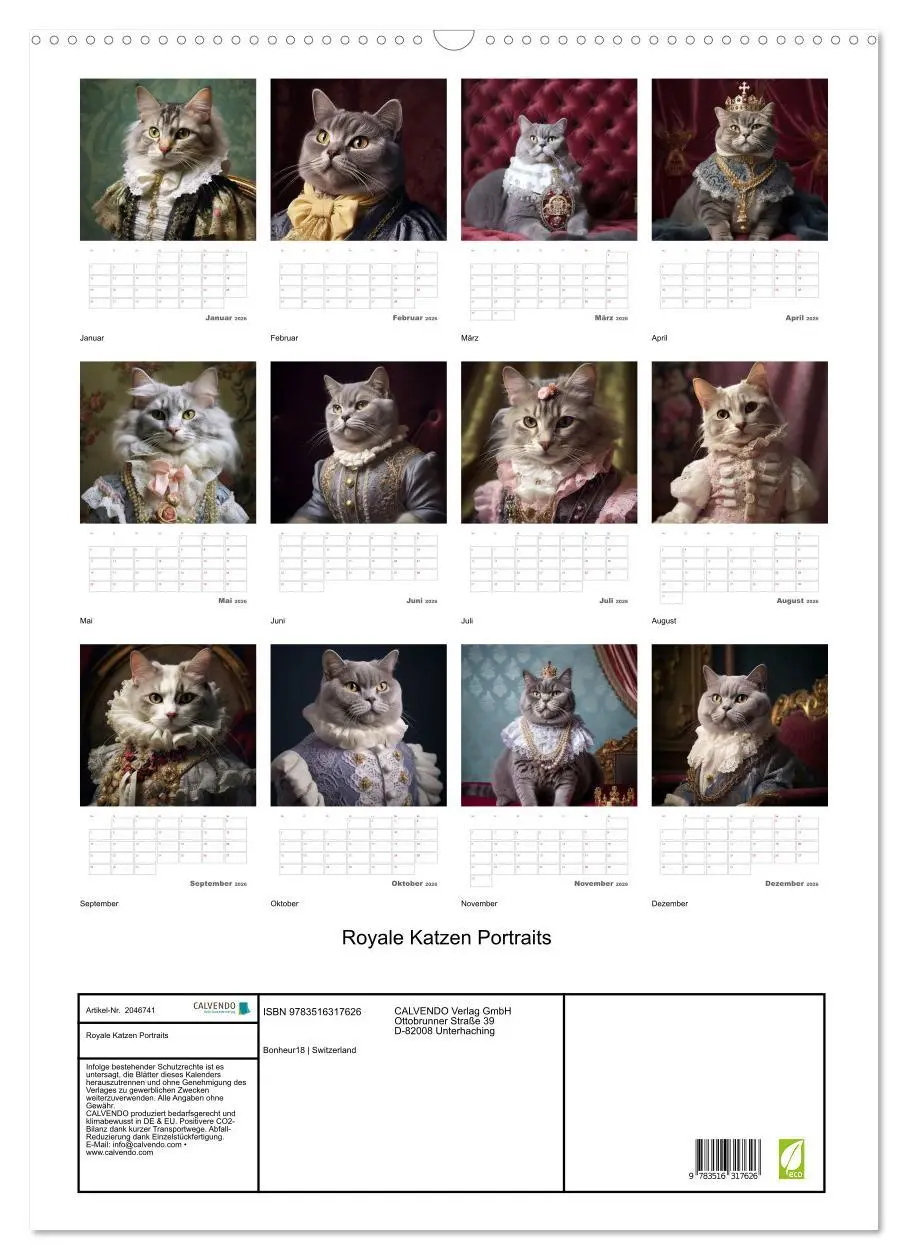 Bild: 9783516317626 | Royale Katzen Portraits (Wandkalender 2026 DIN A2 hoch), CALVENDO...