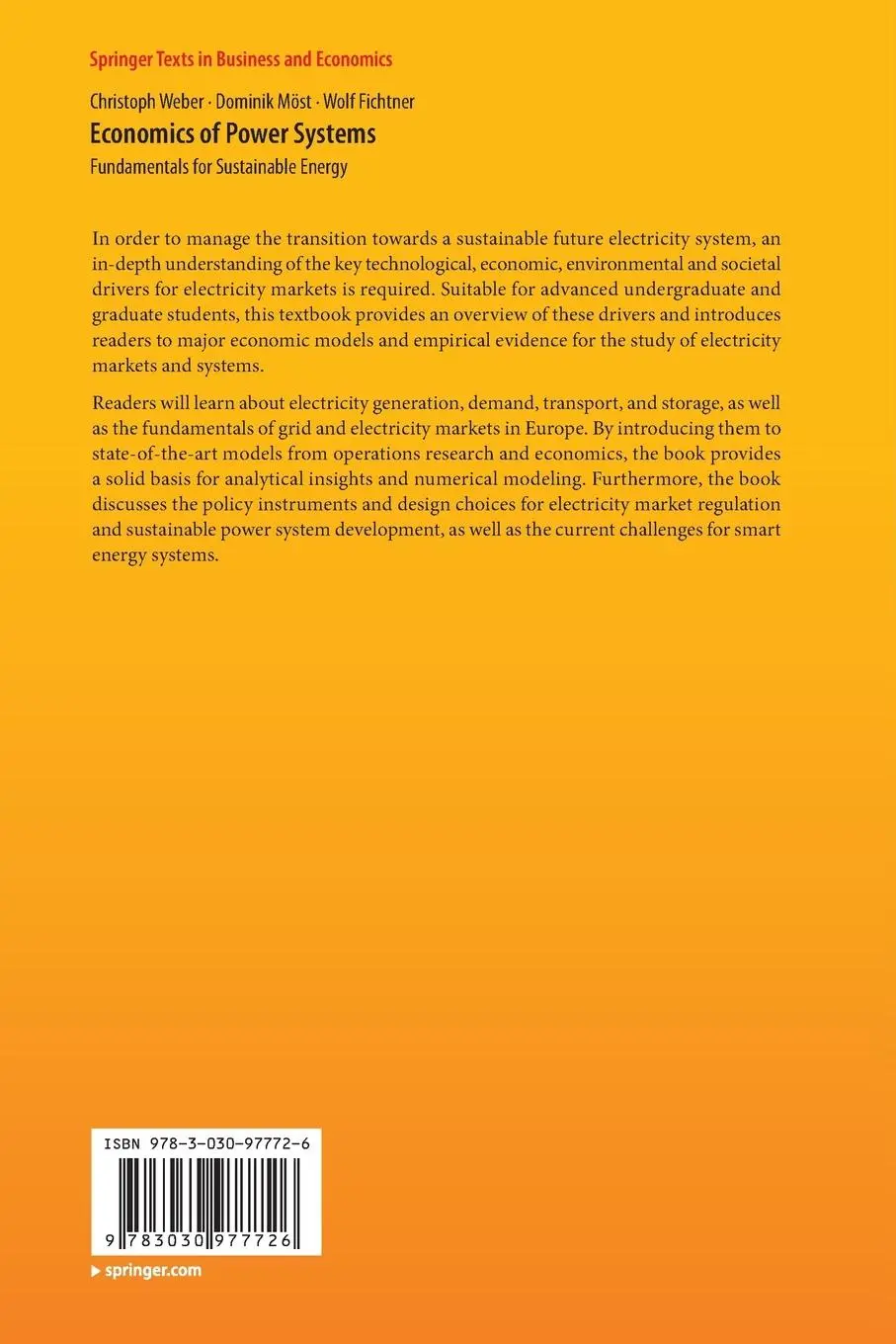Rückseite: 9783030977726 | Economics of Power Systems | Fundamentals for Sustainable Energy