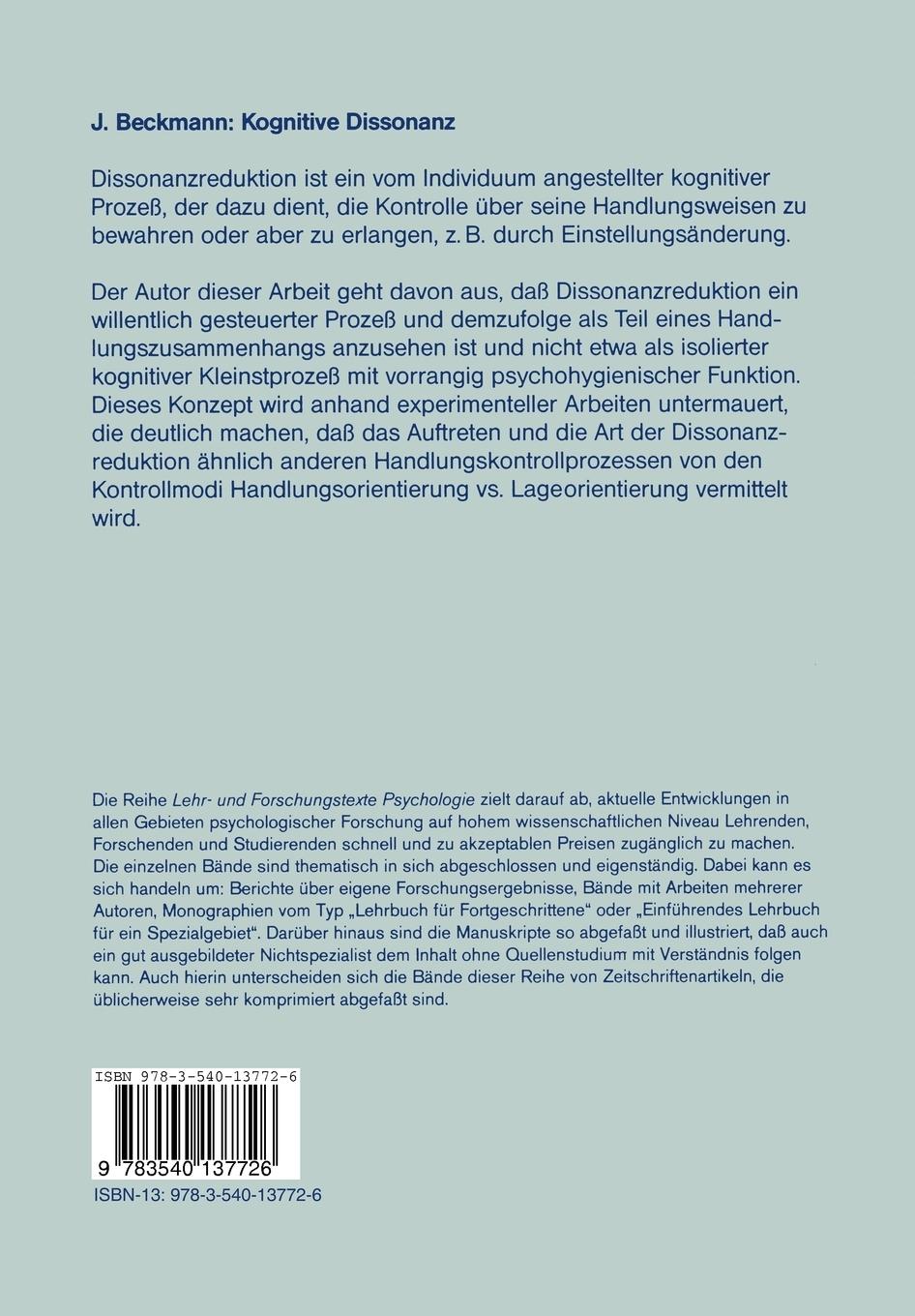 Rückseite: 9783540137726 | Kognitive Dissonanz | Eine handlungstheoretische Perspektive | Buch