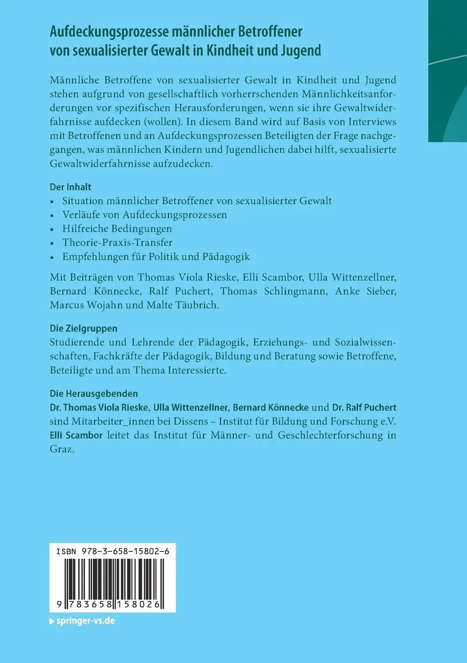 Rückseite: 9783658158026 | Aufdeckungsprozesse männlicher Betroffener von sexualisierter...