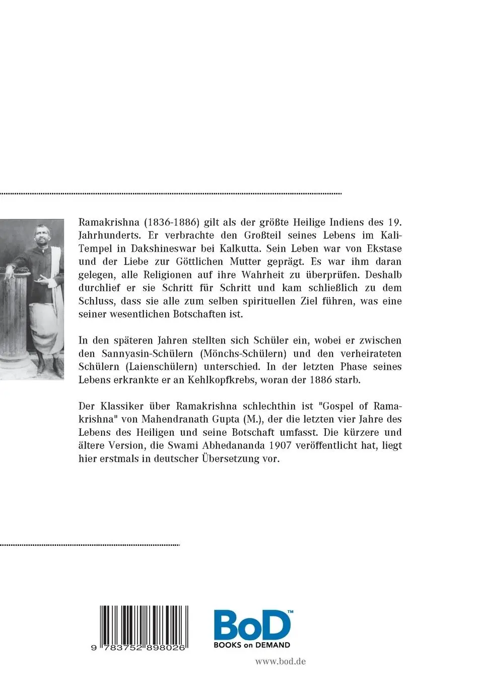 Rückseite: 9783752898026 | Ramakrishna: Seine Botschaft | nach den Aufzeichnungen von M. | Buch