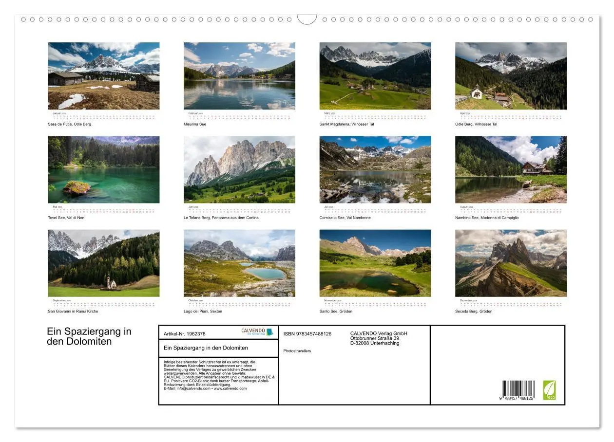 Bild: 9783457488126 | Ein Spaziergang in den Dolomiten (Wandkalender 2026 DIN A2 quer),...