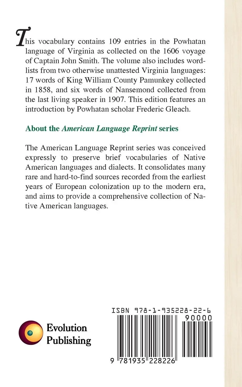 Rückseite: 9781935228226 | A Vocabulary of Powhatan | John Smith | Taschenbuch | Englisch | 2021