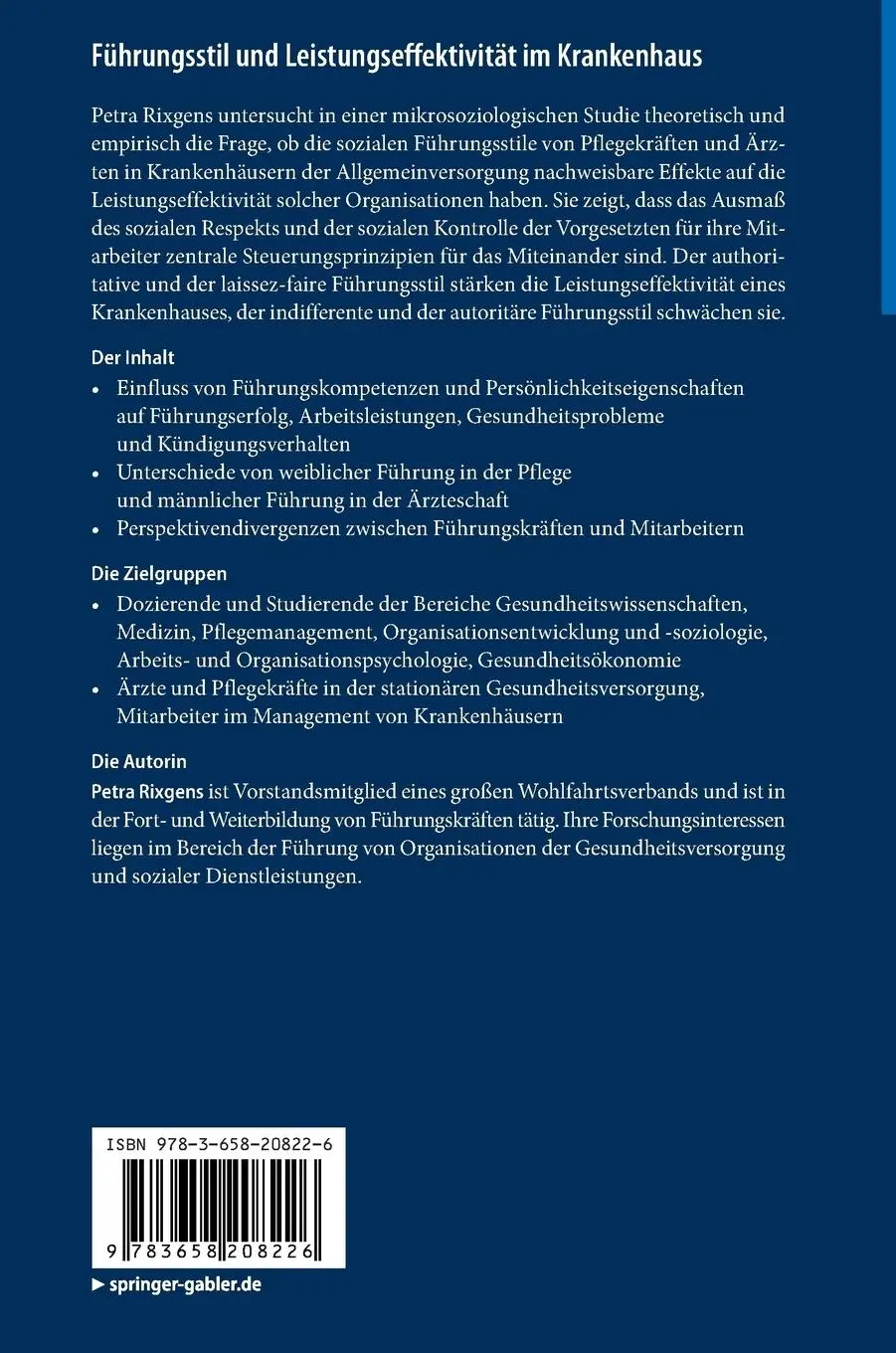 Rückseite: 9783658208226 | Führungsstil und Leistungseffektivität im Krankenhaus | Petra Rixgens