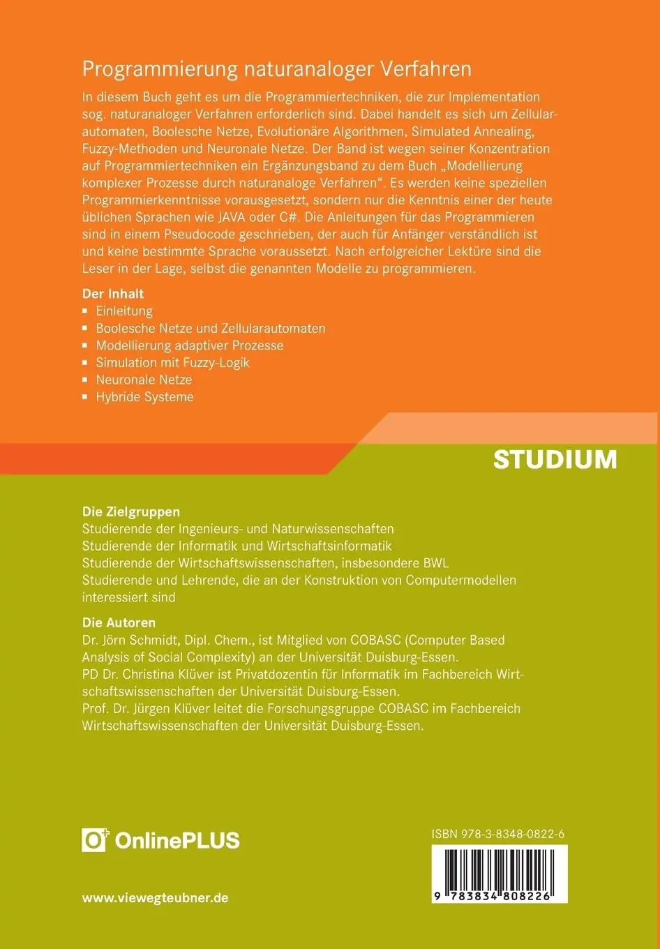 Rückseite: 9783834808226 | Programmierung naturanaloger Verfahren | Jörn Schmidt (u. a.) | Buch