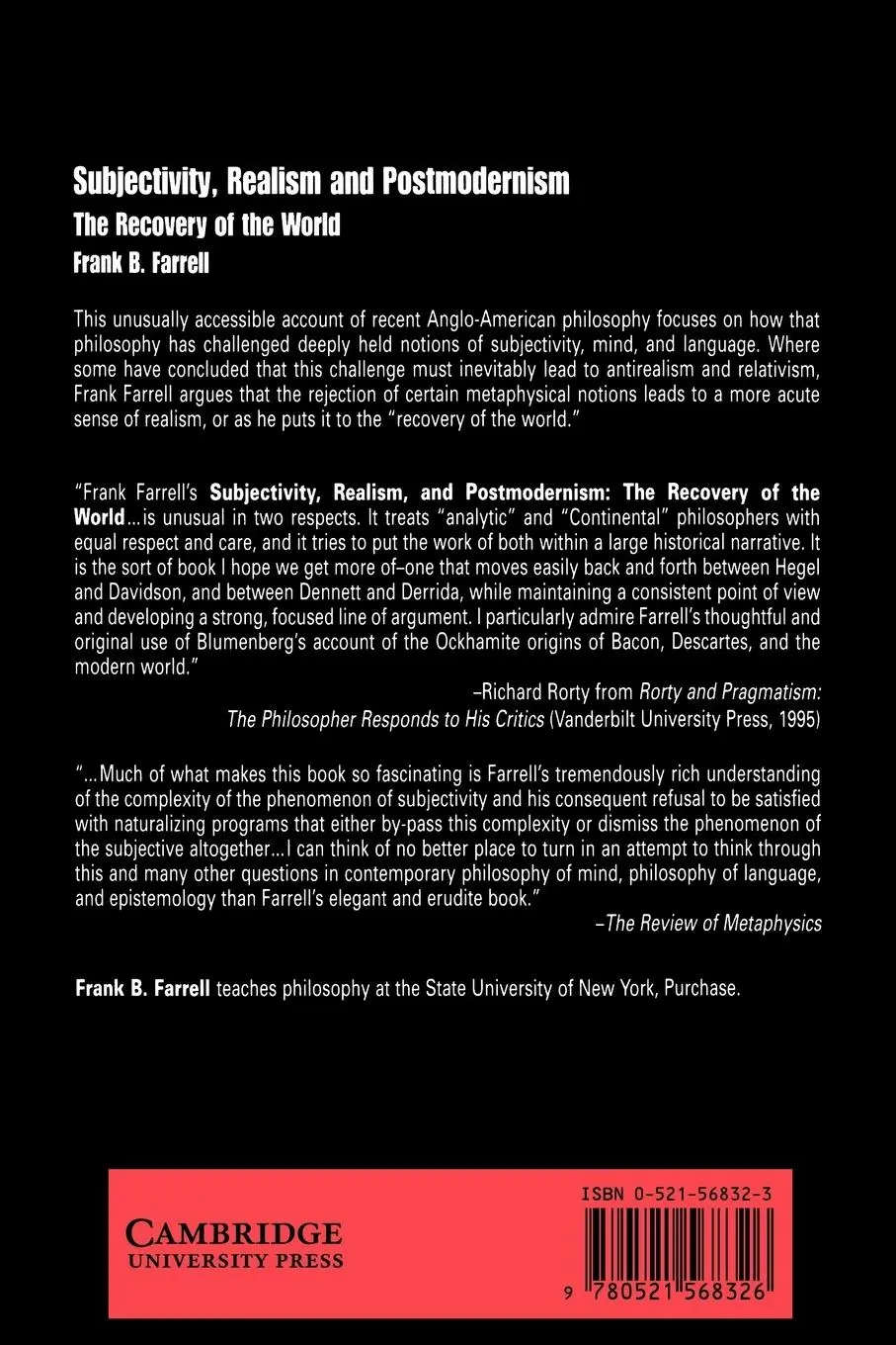 Rückseite: 9780521568326 | Subjectivity, Realism, and Postmodernism | Frank B. Farrell | Buch