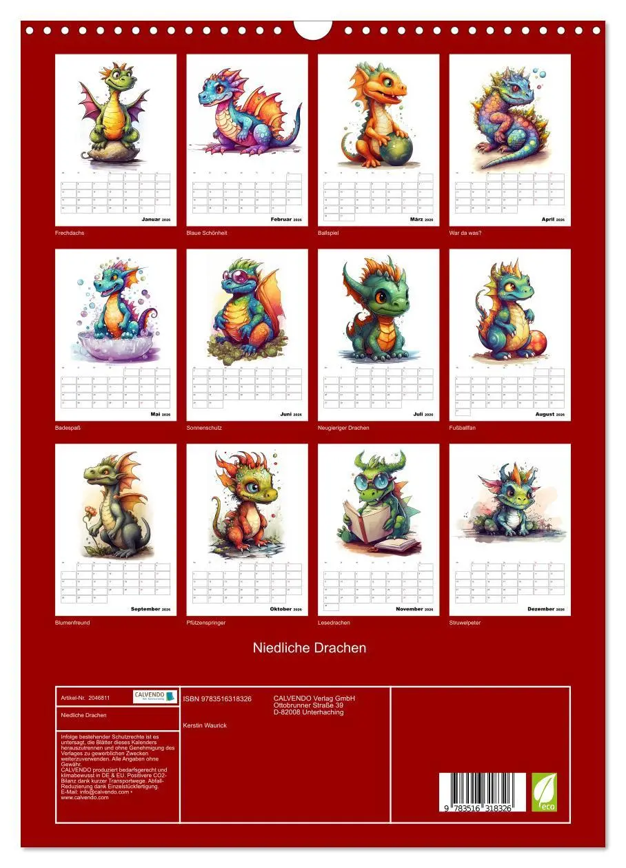 Bild: 9783516318326 | Niedliche Drachen (Wandkalender 2026 DIN A3 hoch), CALVENDO...