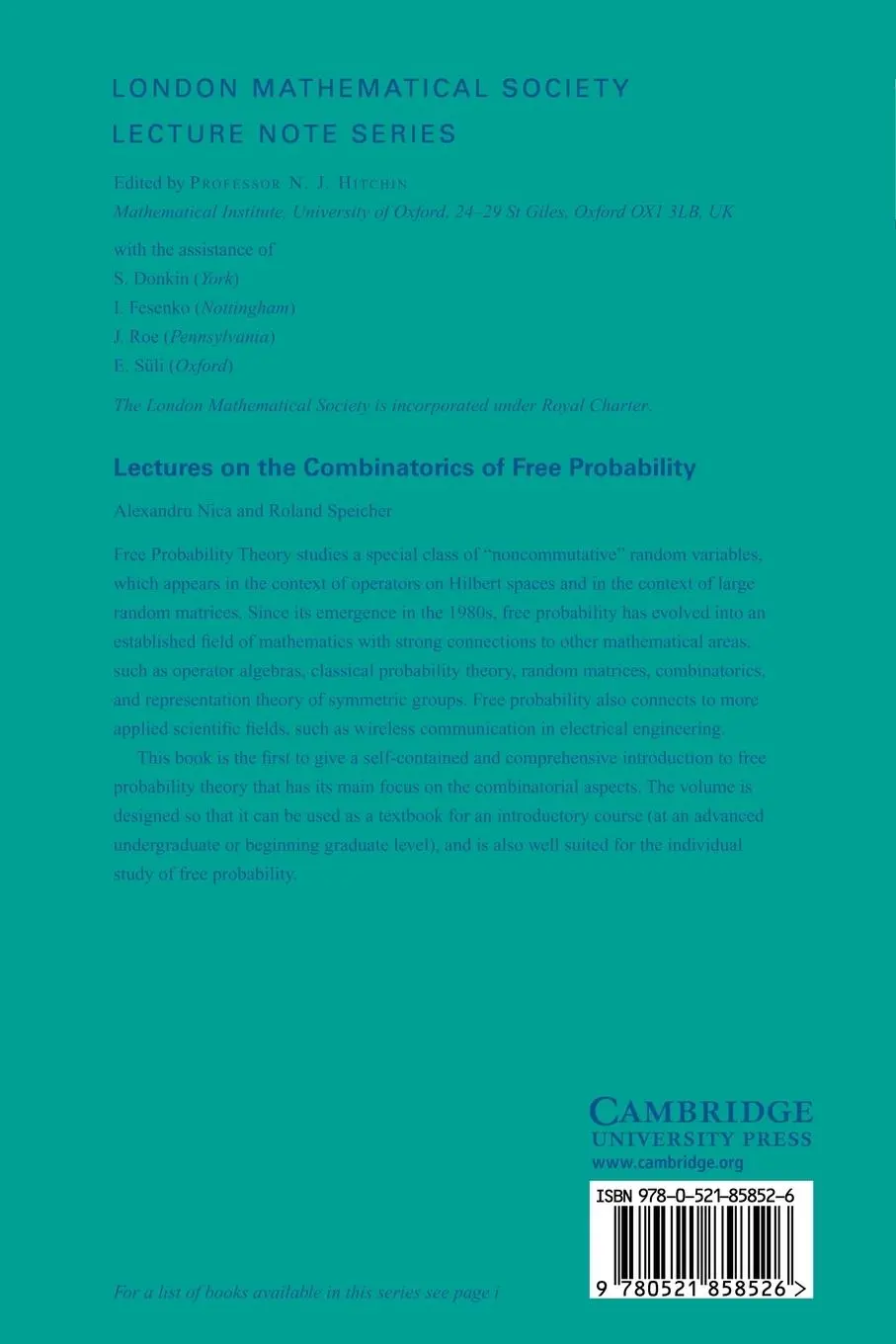 Rückseite: 9780521858526 | Lectures on the Combinatorics of Free Probability | Nica (u. a.)