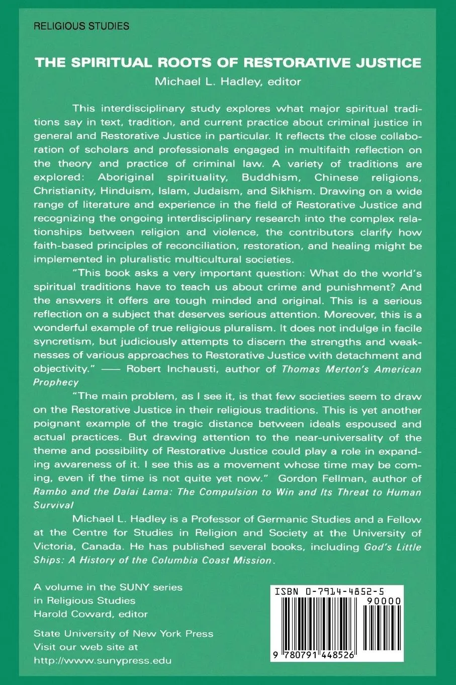 Rückseite: 9780791448526 | The Spiritual Roots of Restorative Justice | Michael L. Hadley | Buch