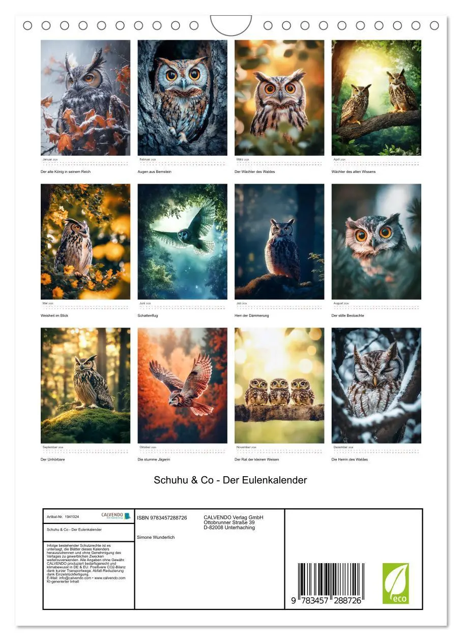 Bild: 9783457288726 | Schuhu &amp; Co - Der Eulenkalender (Wandkalender 2026 DIN A4 hoch),...