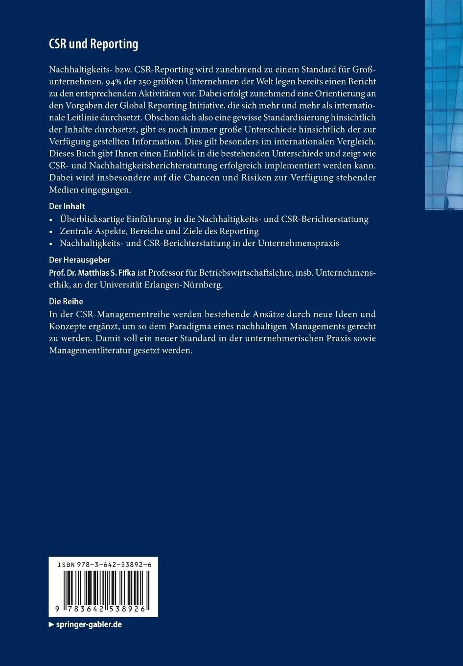 Rückseite: 9783642538926 | CSR und Reporting | Matthias S. Fifka | Taschenbuch | xviii | Deutsch