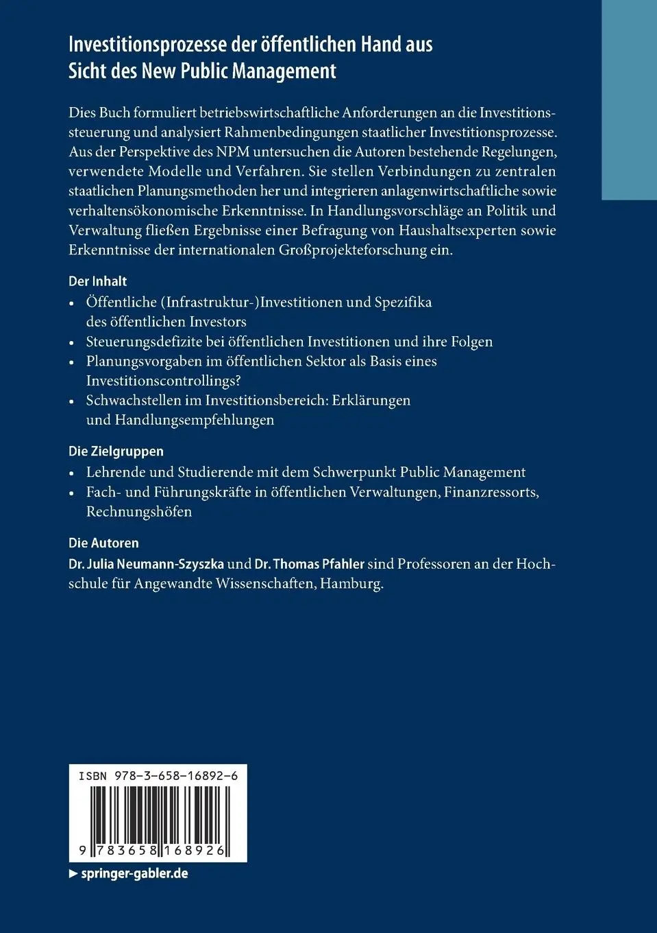 Rückseite: 9783658168926 | Investitionsprozesse der öffentlichen Hand aus Sicht des New Public...