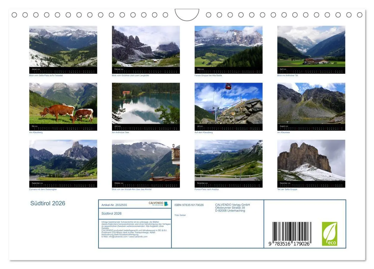 Bild: 9783516179026 | Südtirol 2026 (Wandkalender 2026 DIN A4 quer), CALVENDO Monatskalender