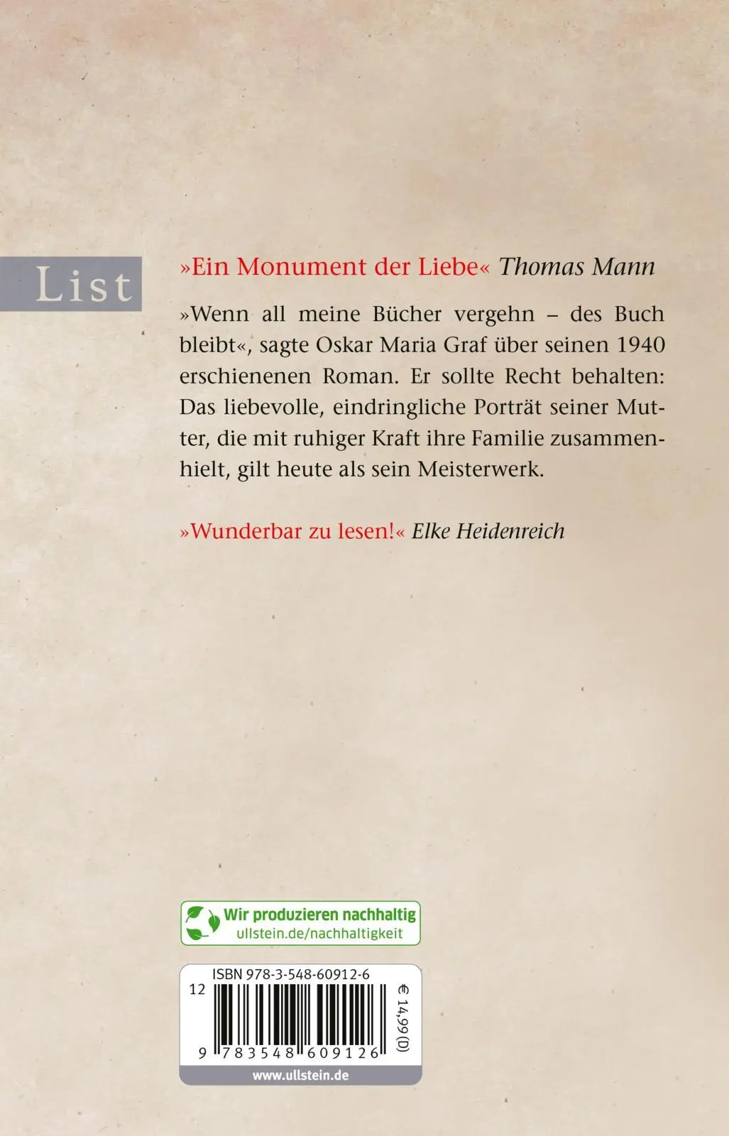 Rückseite: 9783548609126 | Das Leben meiner Mutter | Oskar Maria Graf | Taschenbuch | 672 S.