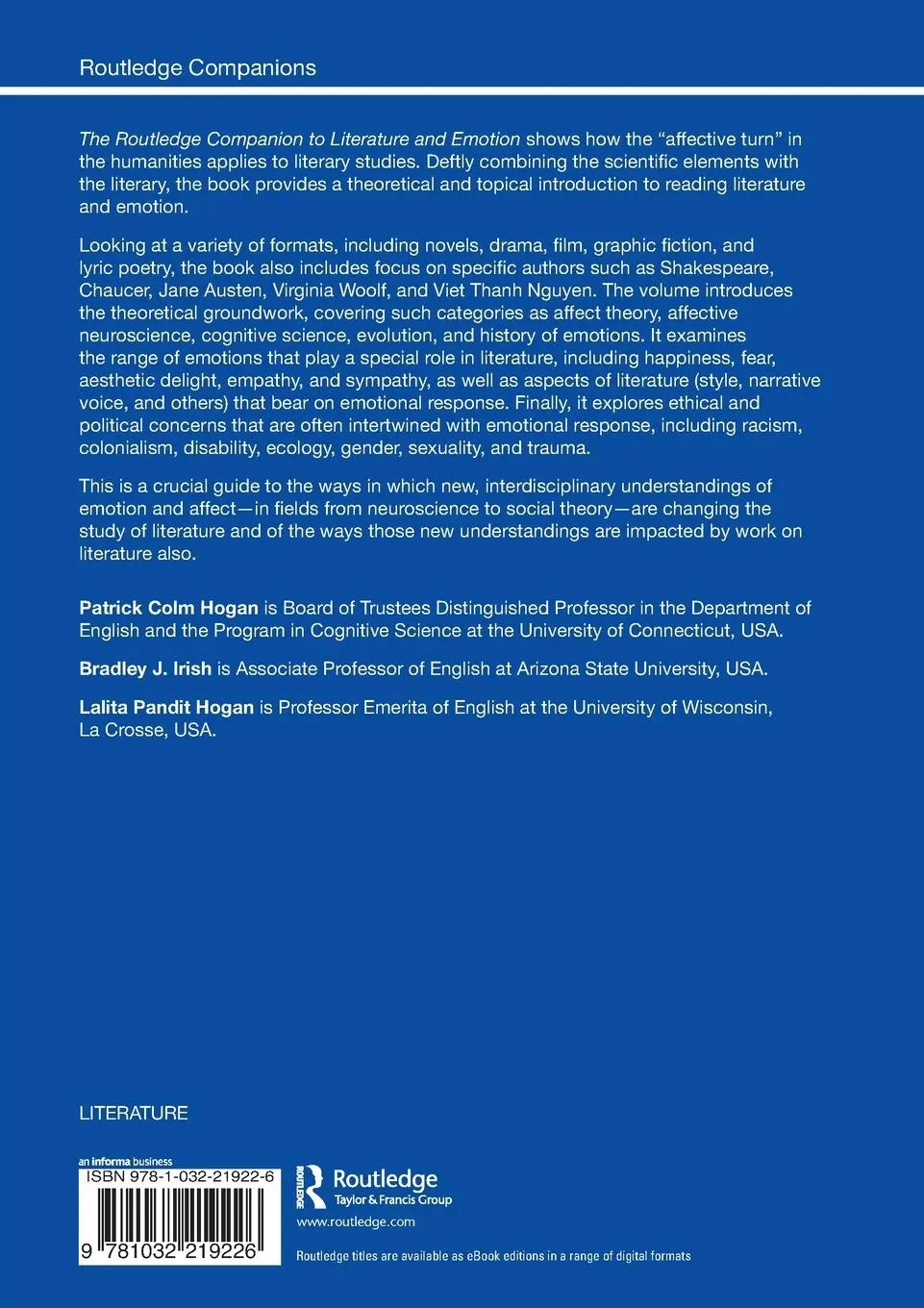 Rückseite: 9781032219226 | The Routledge Companion to Literature and Emotion | Hogan (u. a.)