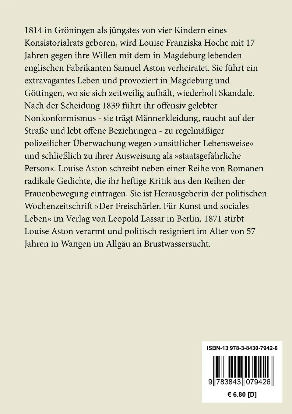 Rückseite: 9783843079426 | Aus dem Leben einer Frau | Louise Aston | Taschenbuch | 68 S. | 2015