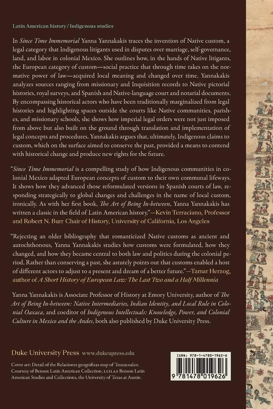 Rückseite: 9781478019626 | Since Time Immemorial | Native Custom and Law in Colonial Mexico