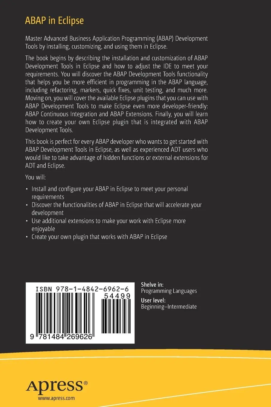 Rückseite: 9781484269626 | ABAP in Eclipse | Install, Configure, Use, and Enhance Your ADT | Buch