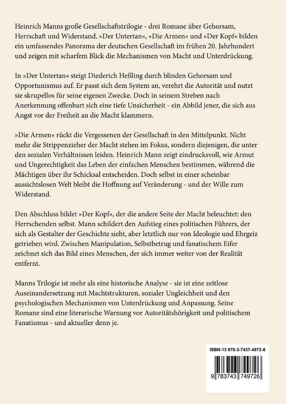 Rückseite: 9783743749726 | Der Untertan / Die Armen / Der Kopf | Heinrich Mann | Taschenbuch