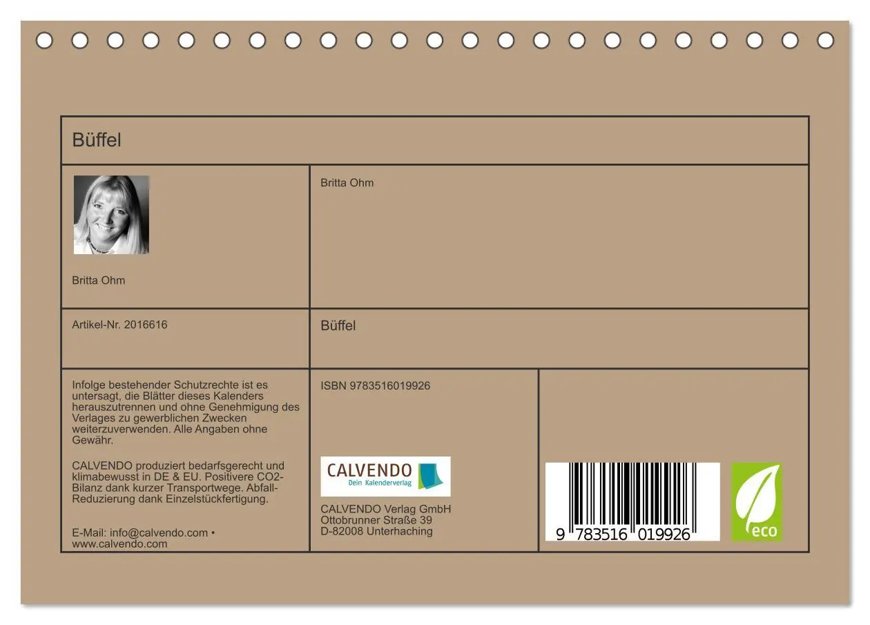 Bild: 9783516019926 | Büffel (Tischkalender 2026 DIN A5 quer), CALVENDO Monatskalender | Ohm