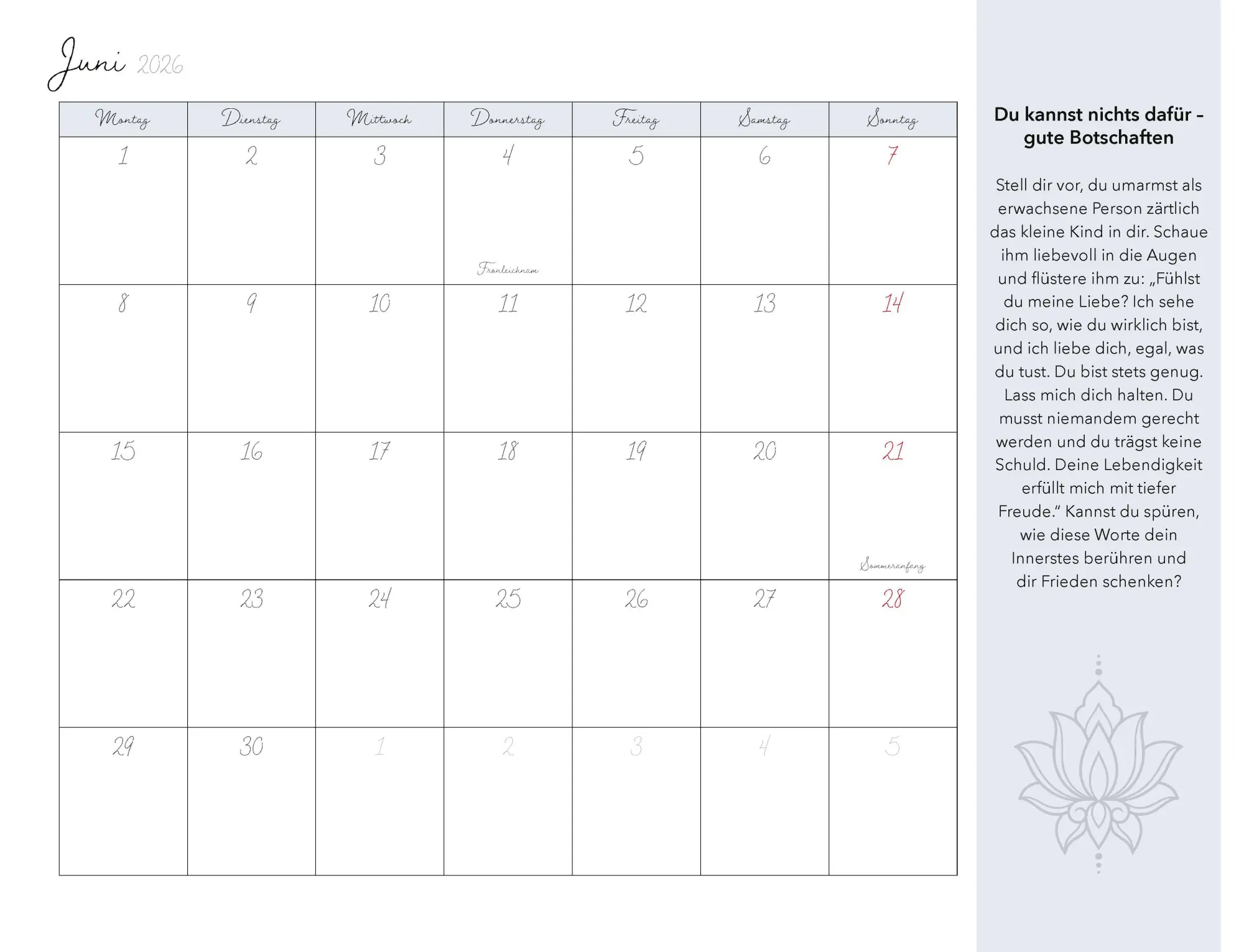 Bild: 9783966649926 | Meditation für Dein inneres Kind Kalender 2026 | Susanne Hühn | 14 S.