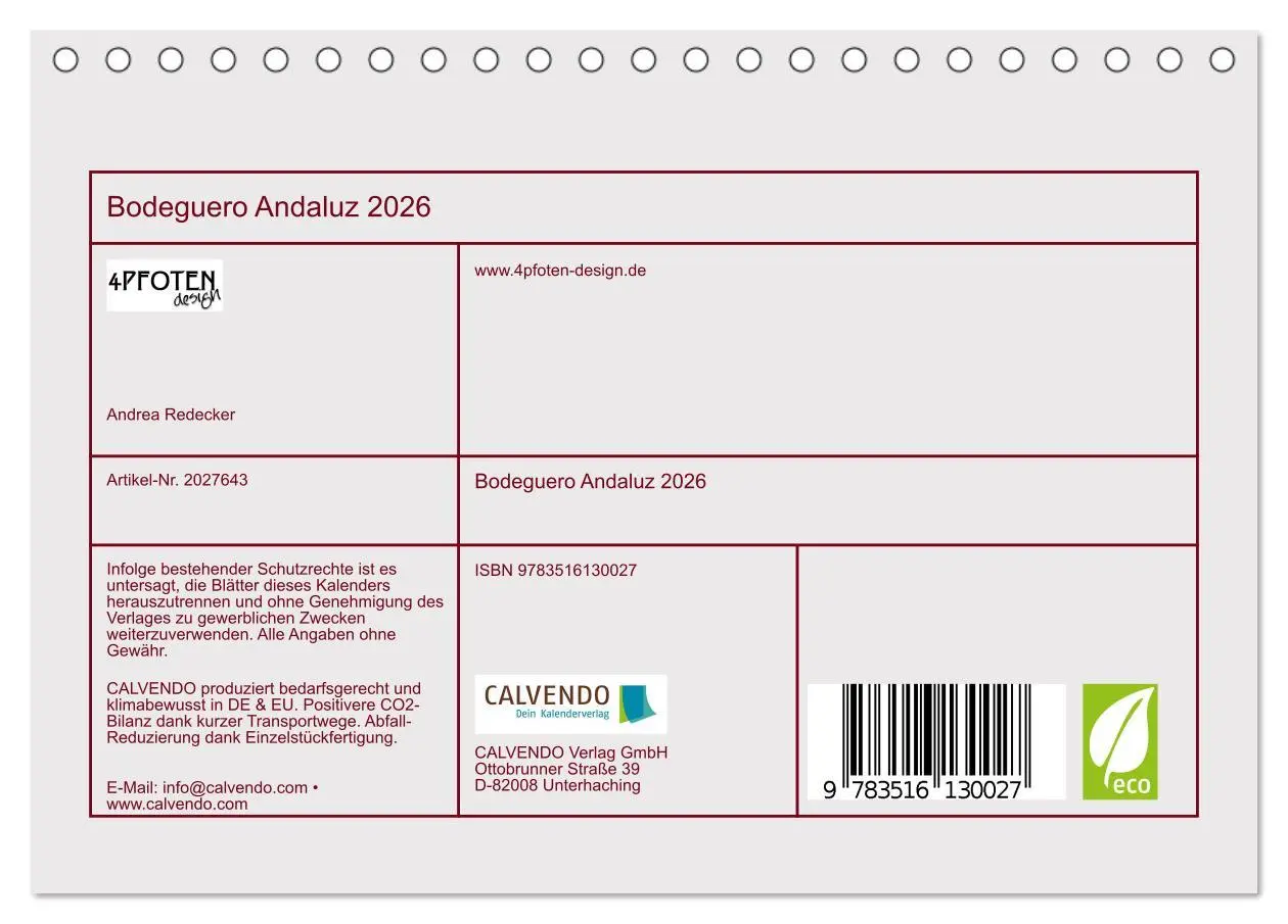 Bild: 9783516130027 | Bodeguero Andaluz 2026 (Tischkalender 2026 DIN A5 quer), CALVENDO...