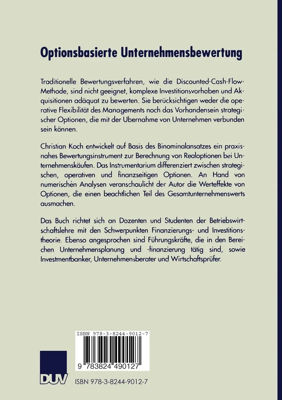Rückseite: 9783824490127 | Optionsbasierte Unternehmensbewertung | Christian Koch | Taschenbuch