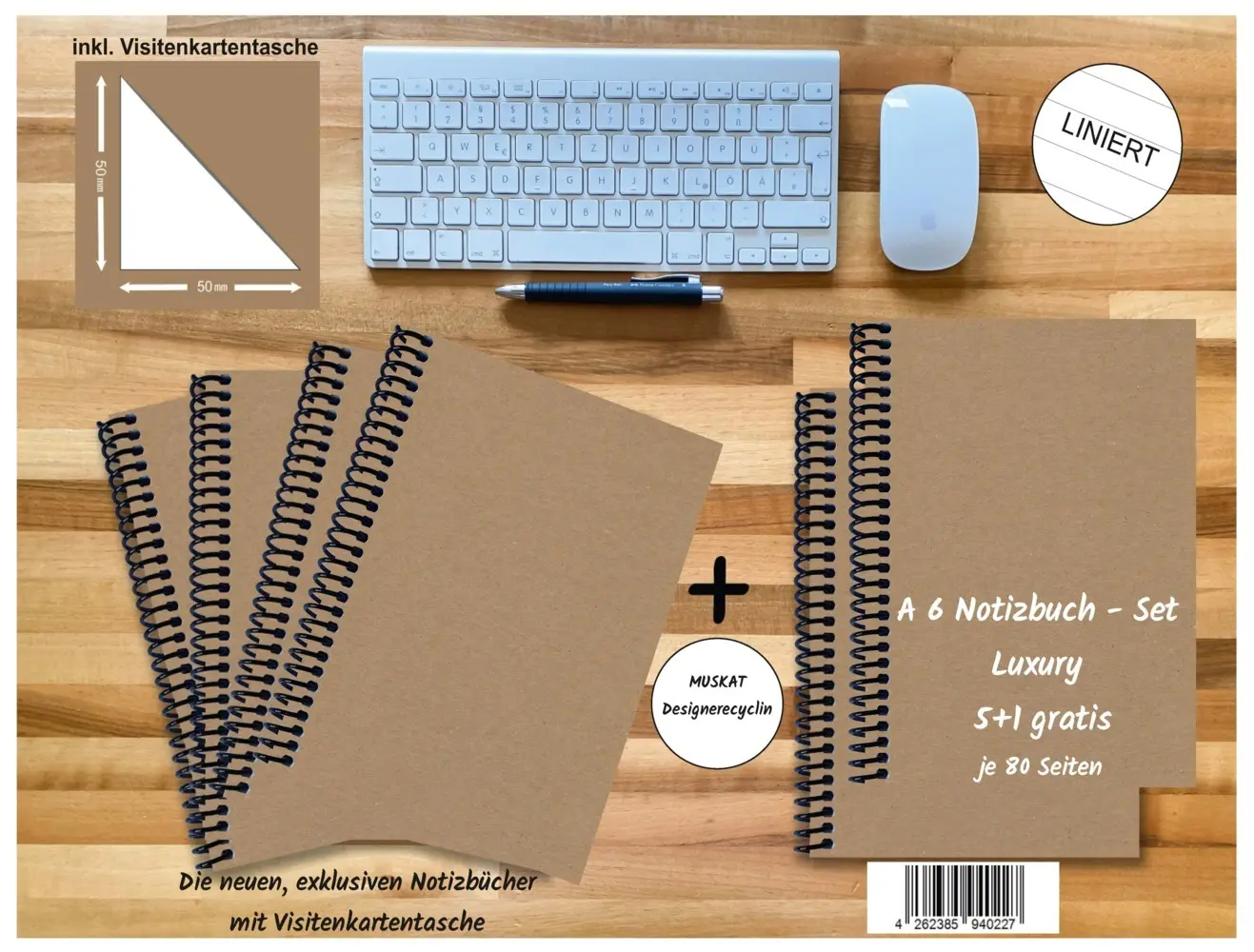 A 6 Notizbuch - Set, 4+2 gratis, Luxury 80 Seiten MUSKAT Designerecycling, liniert