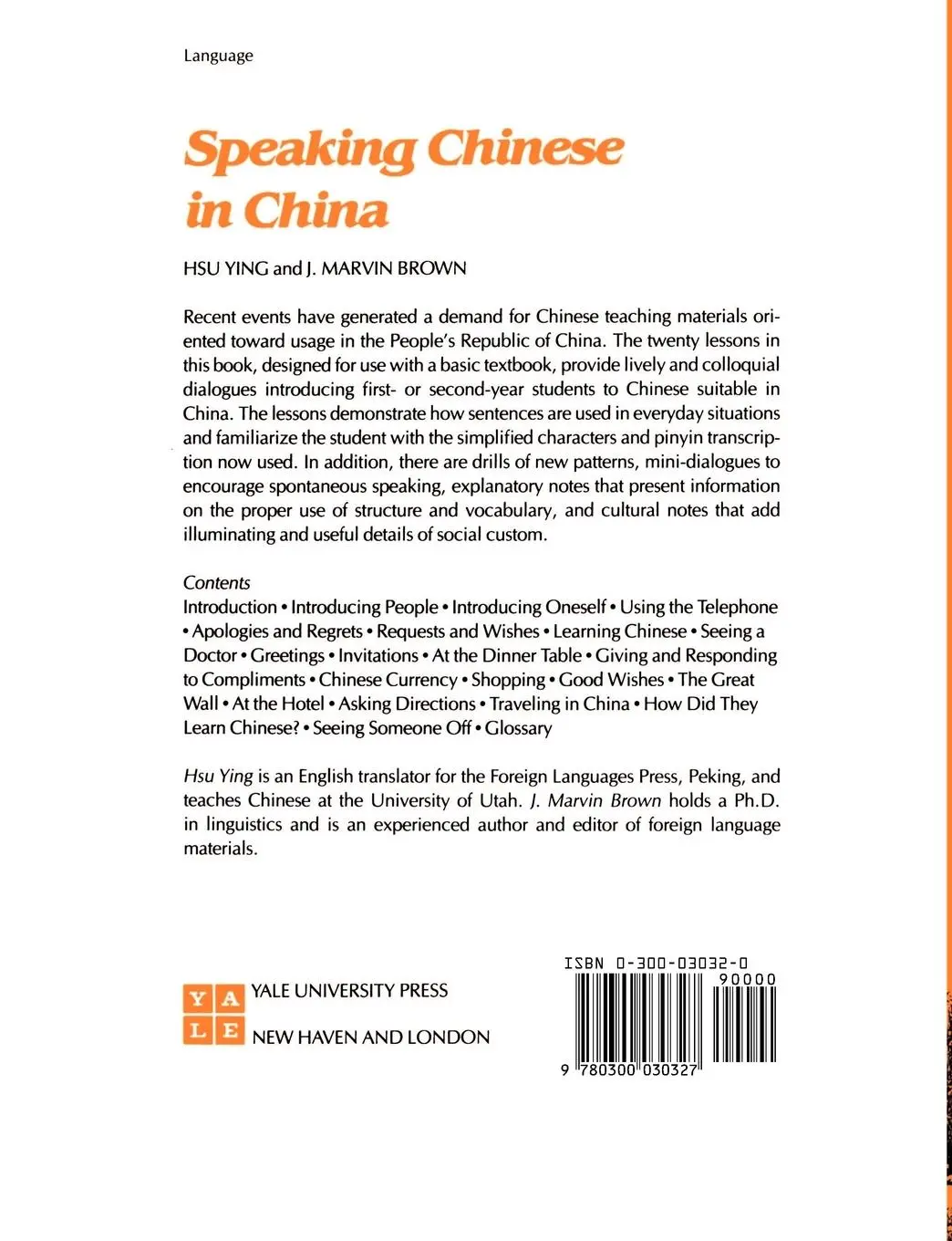 Rückseite: 9780300030327 | Speaking Chinese in China | Ying Hsu | Taschenbuch | Englisch | 1983