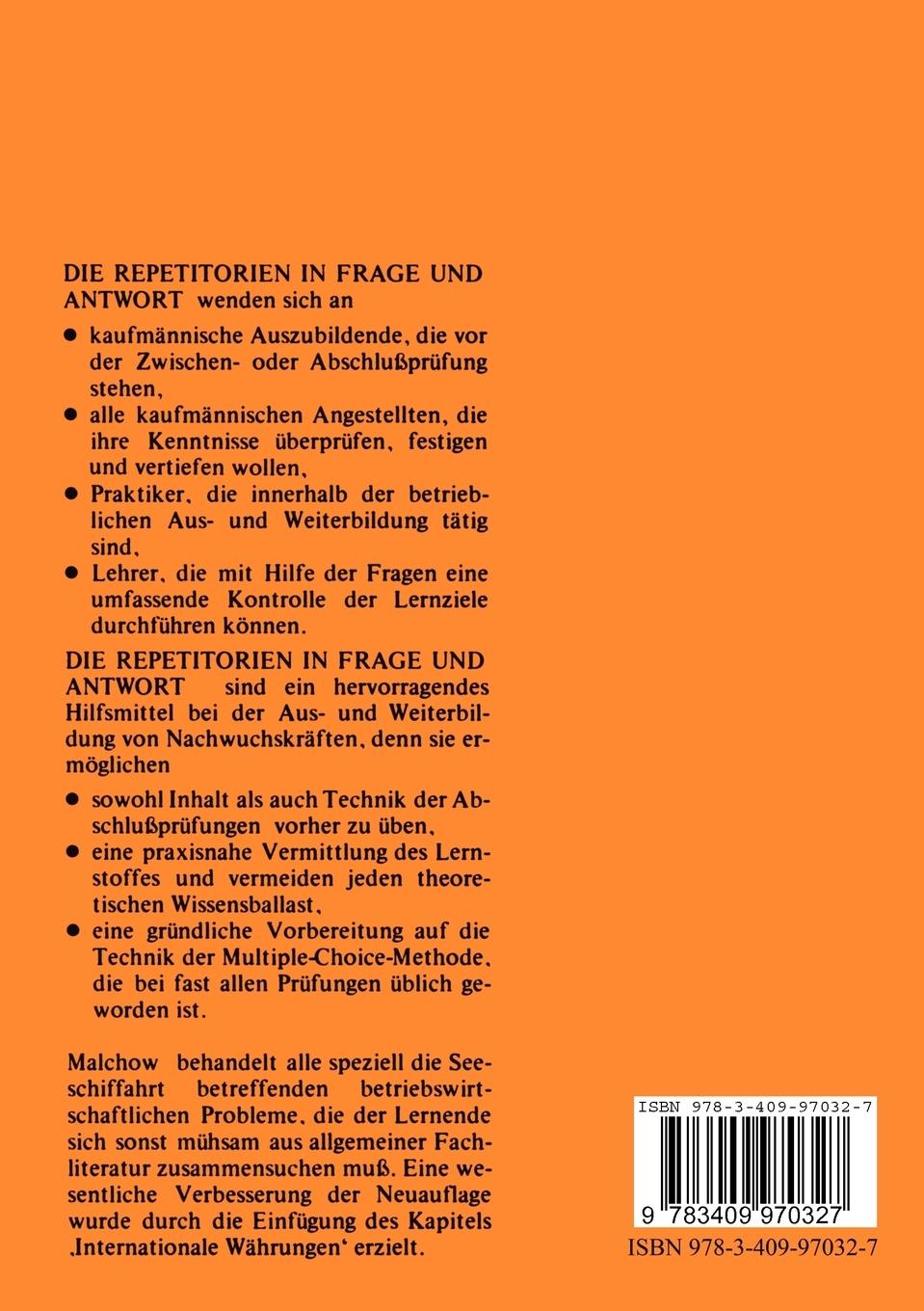 Rückseite: 9783409970327 | Schiffahrtskaufmann | Repetitorium in Frage und Antwort | Malchow