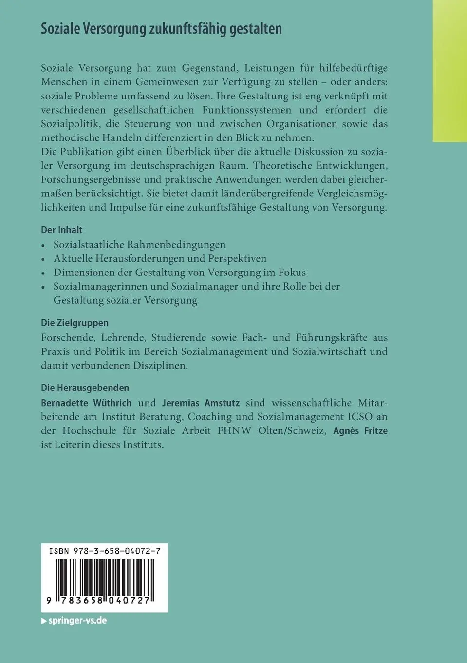 Rückseite: 9783658040727 | Soziale Versorgung zukunftsfähig gestalten | Wüthrich (u. a.) | Buch