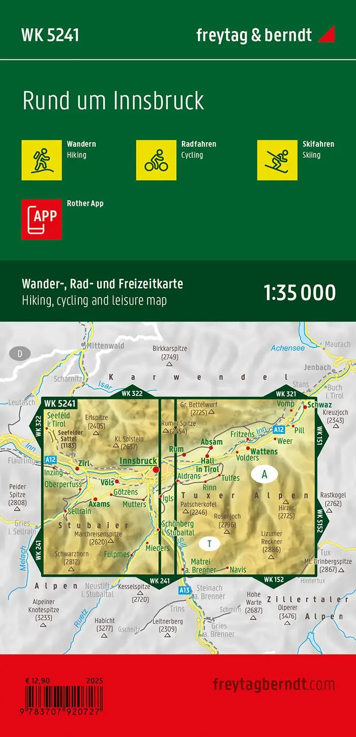 Rückseite: 9783707920727 | freytag &amp; berndt Wanderkarte WK 5241 Rund um Innsbruck 1:35.000 | 2025