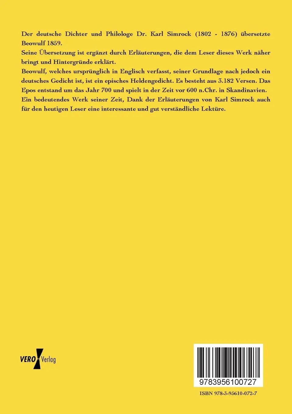 Rückseite: 9783956100727 | Beowulf | Das älteste deutsche Epos | Karl Simrock | Taschenbuch